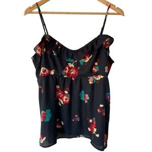American Eagle Y2K 2000s Floral Babydoll Tank Top Womens XL Navy Blue Ruffle EUC